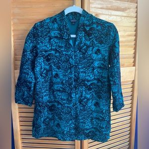 Lands End extra small forest green tunic with black flocked floral design.